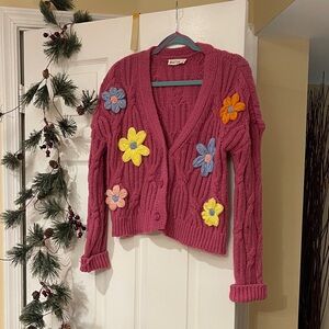 Charming Pink Cardigan with Floral Accents